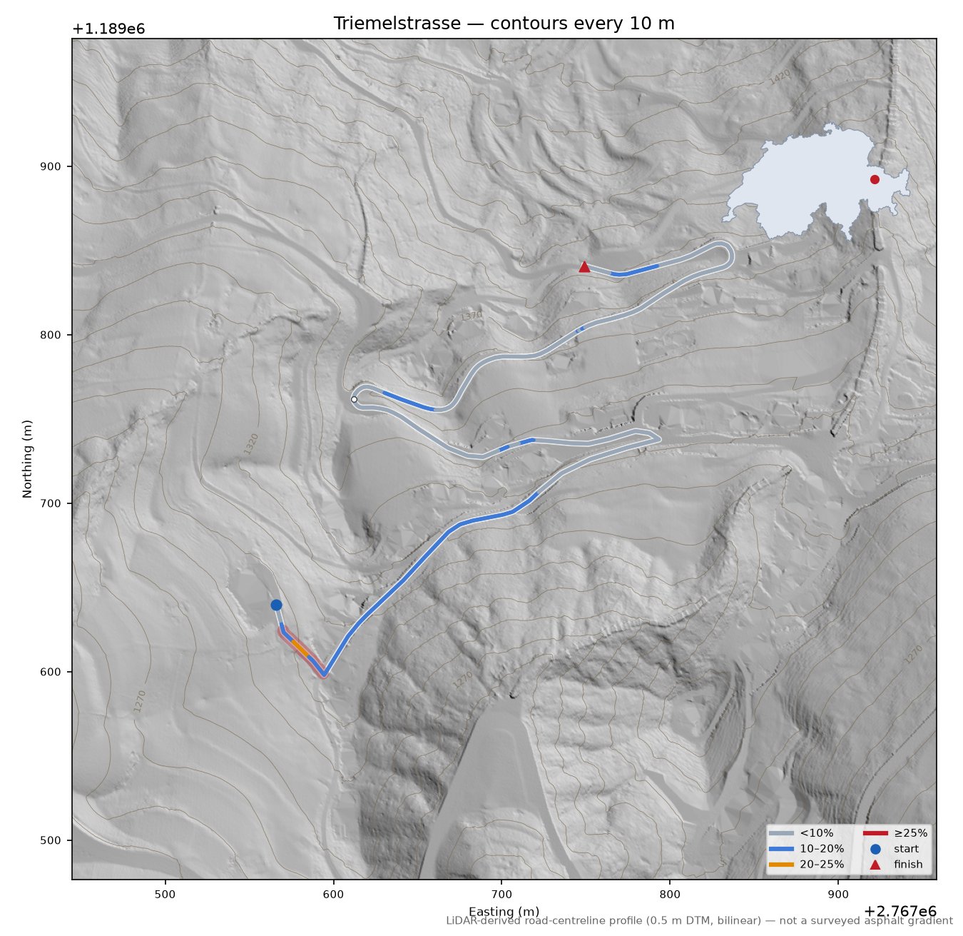 Triemelstrasse LiDAR hillshade map with contours