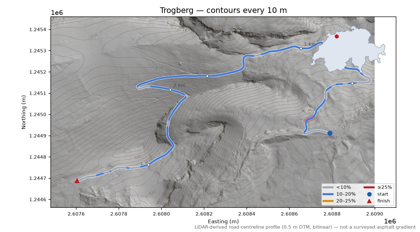 Trogberg LiDAR hillshade map with contours