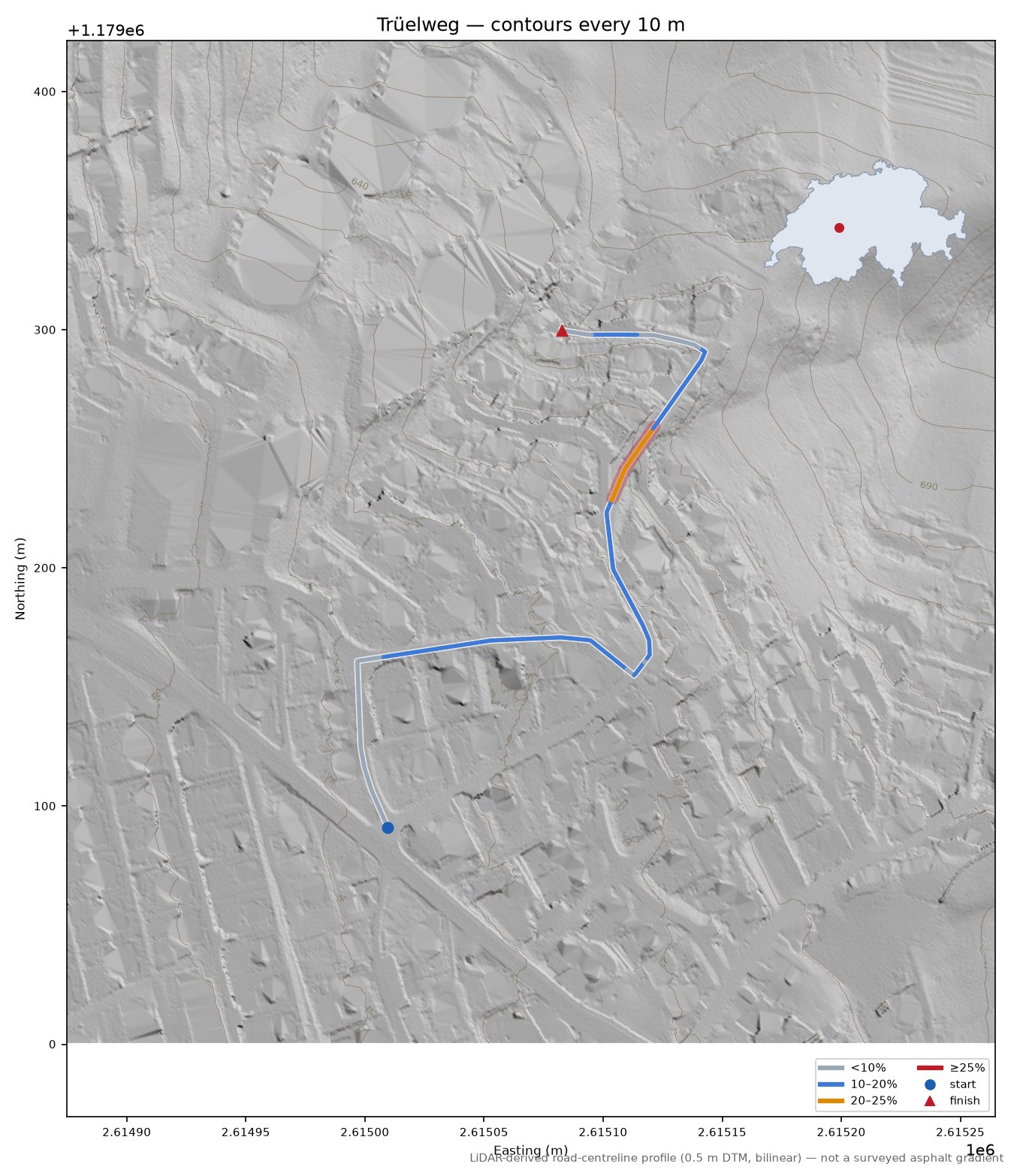 Trüelweg LiDAR hillshade map with contours