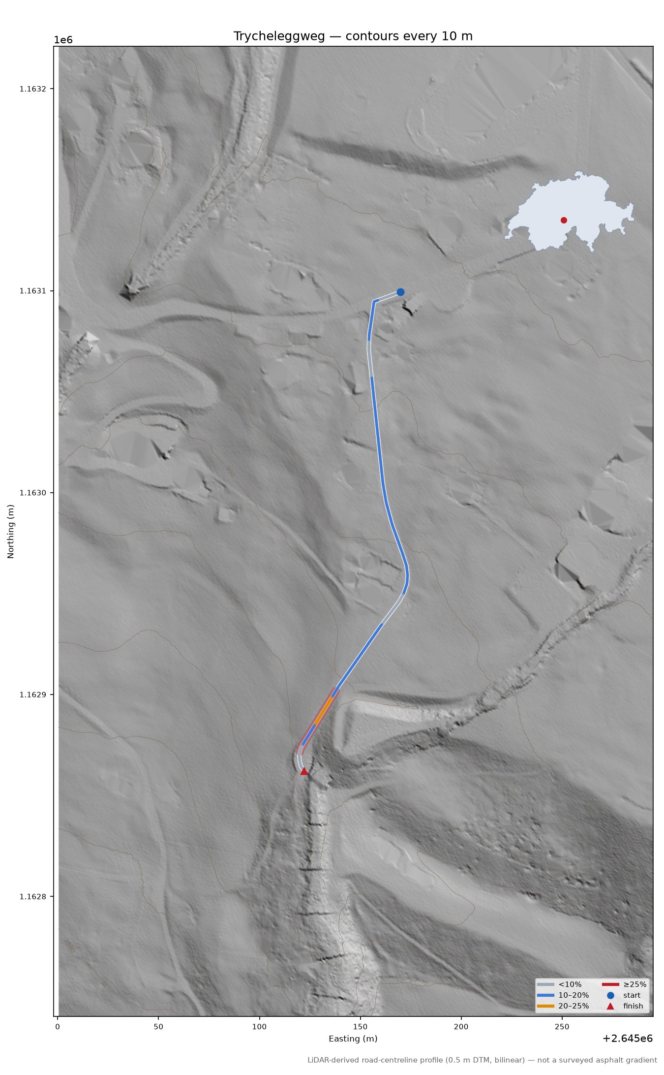Trycheleggweg LiDAR hillshade map with contours