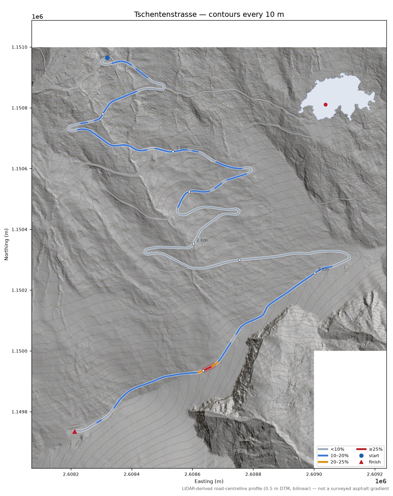 Tschentenstrasse LiDAR hillshade map with contours