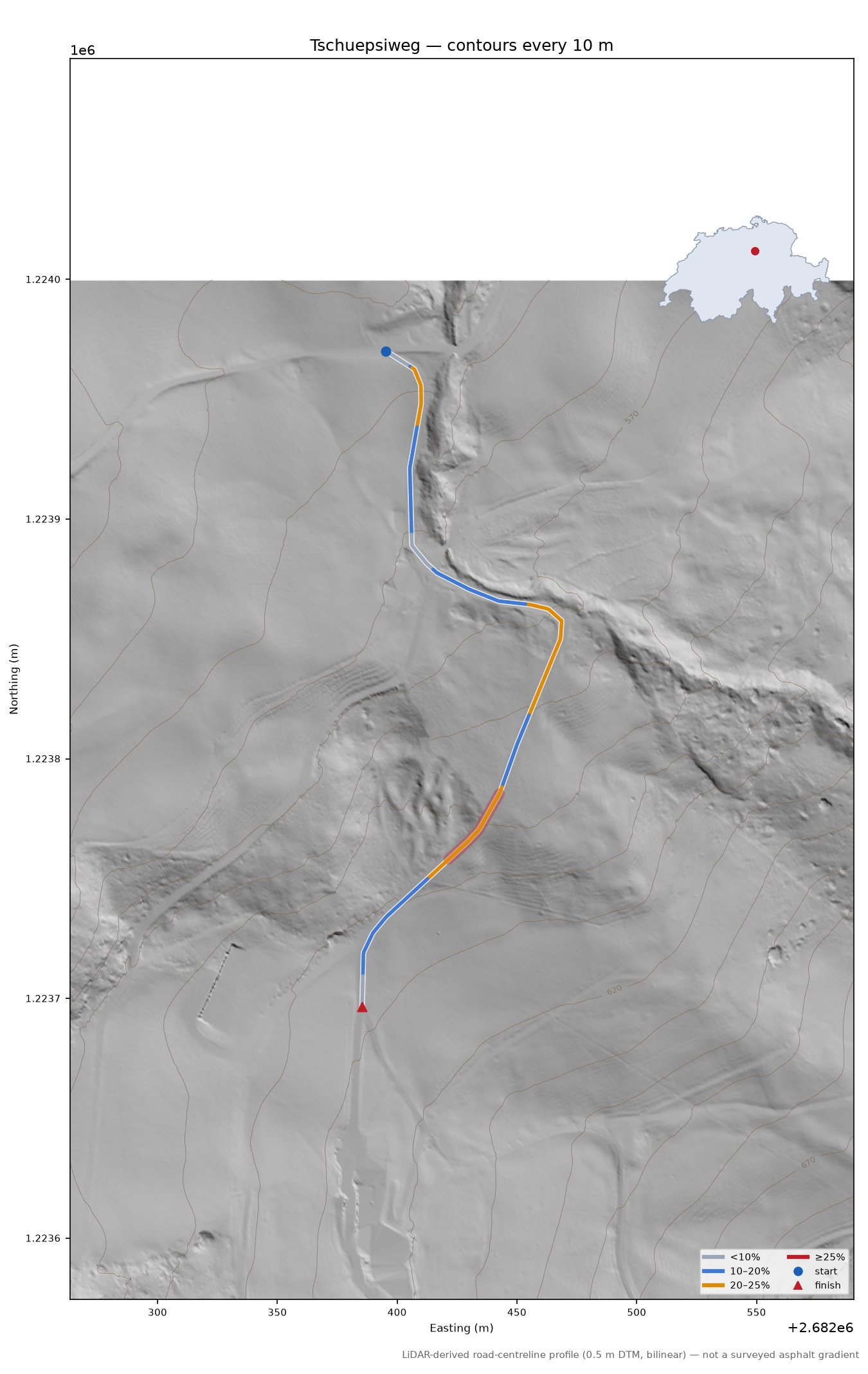 Tschuepsiweg LiDAR hillshade map with contours