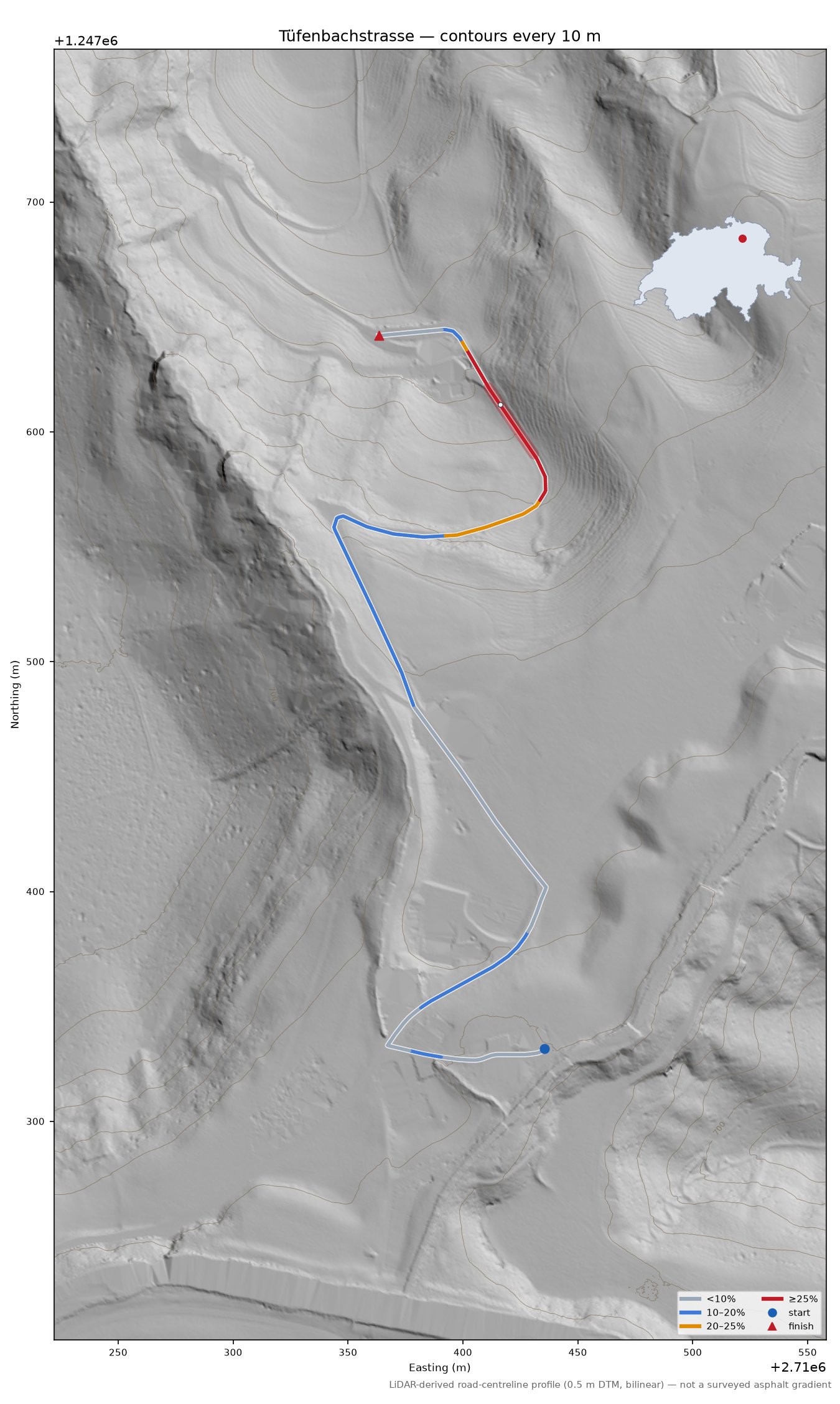 Tüfenbachstrasse LiDAR hillshade map with contours