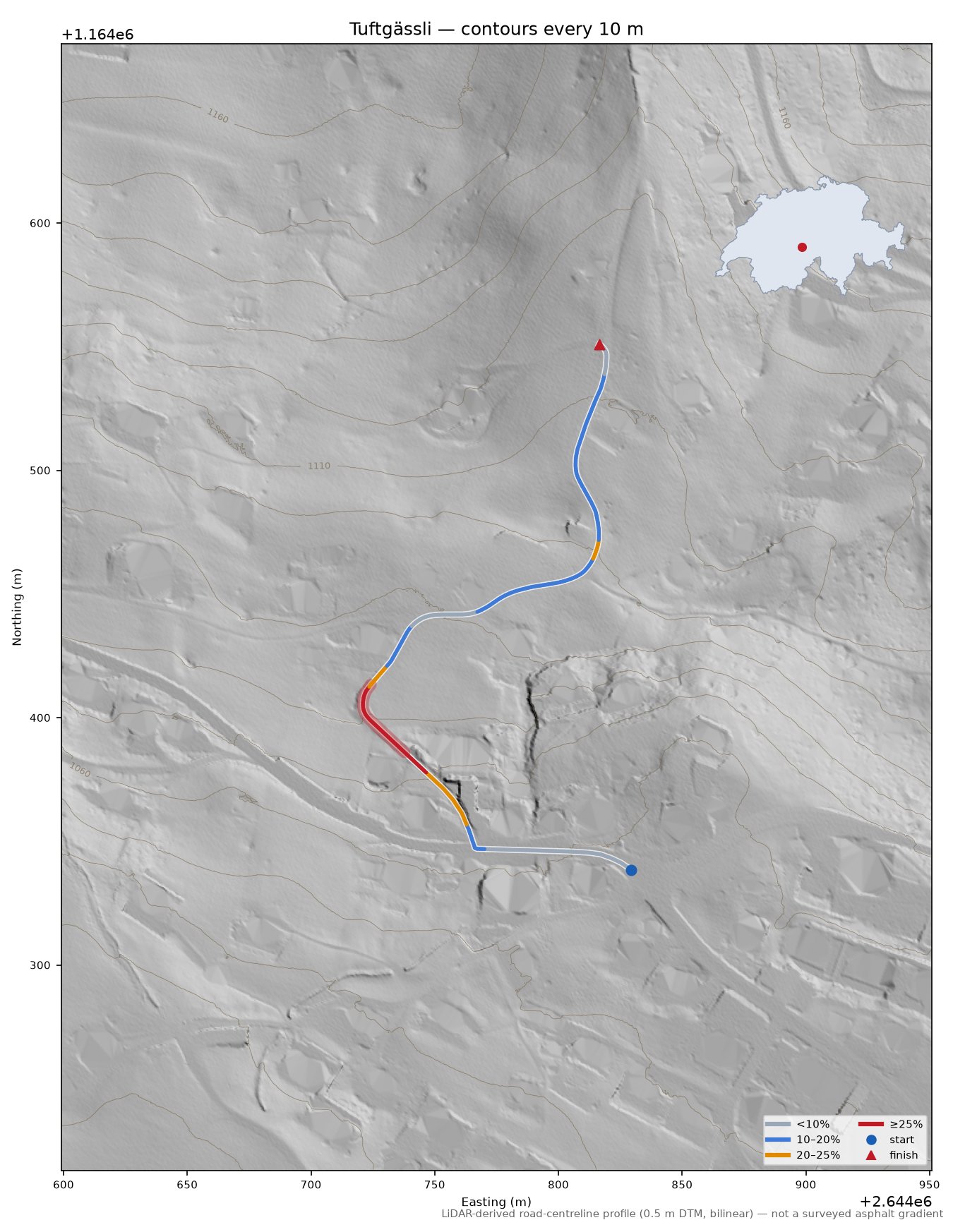 Tuftgässli LiDAR hillshade map with contours