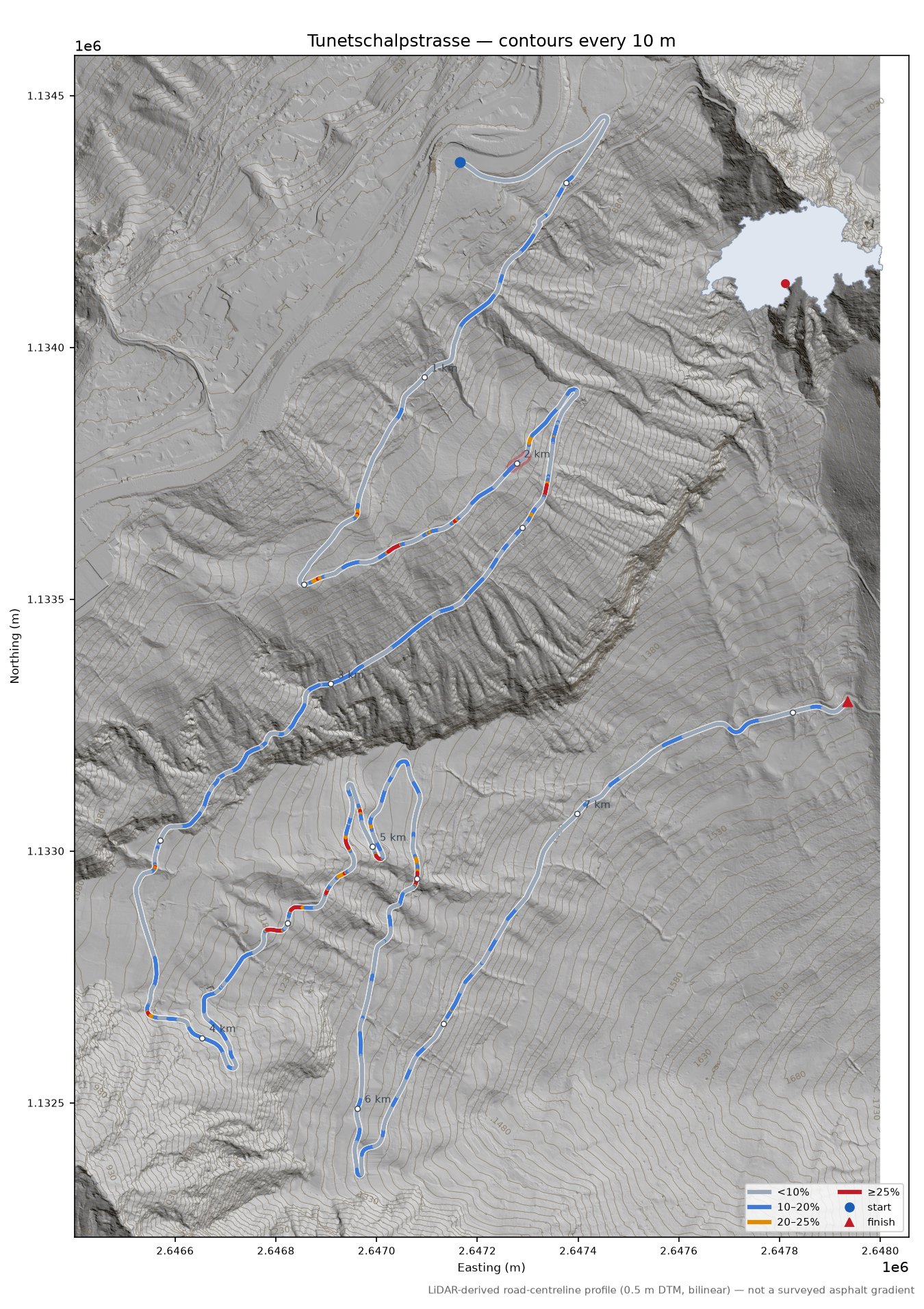 Tunetschalpstrasse LiDAR hillshade map with contours