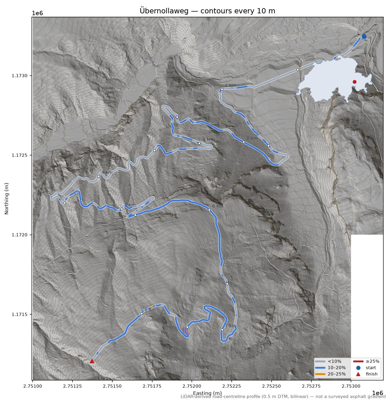 Übernollaweg LiDAR hillshade map with contours