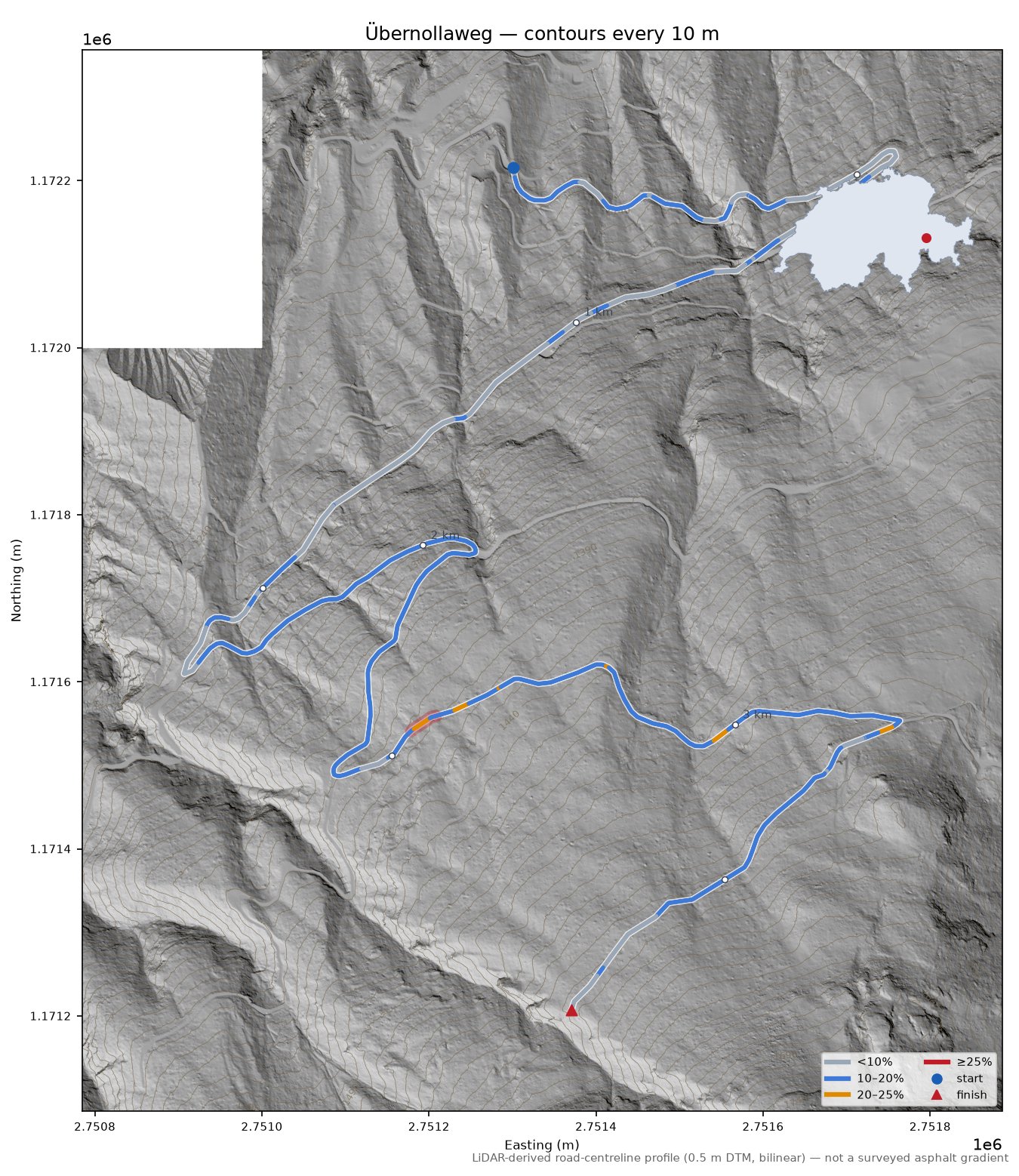 Übernollaweg LiDAR hillshade map with contours
