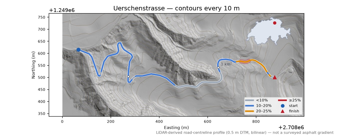 Uerschenstrasse LiDAR hillshade map with contours