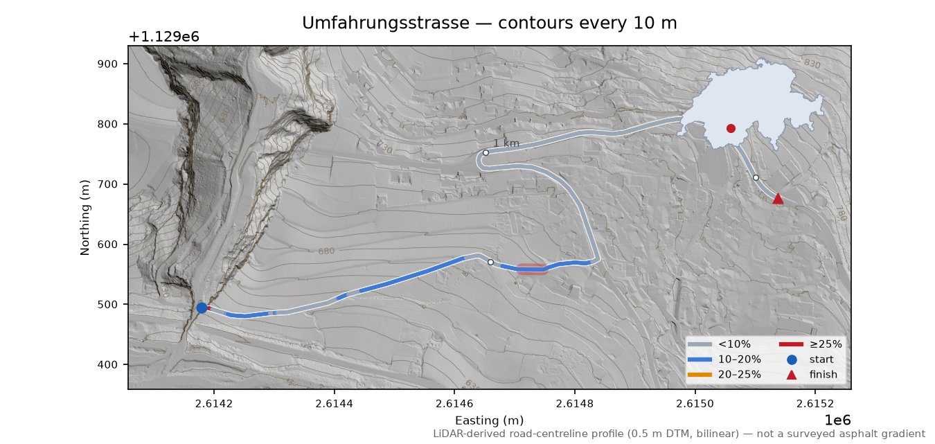 Umfahrungsstrasse LiDAR hillshade map with contours