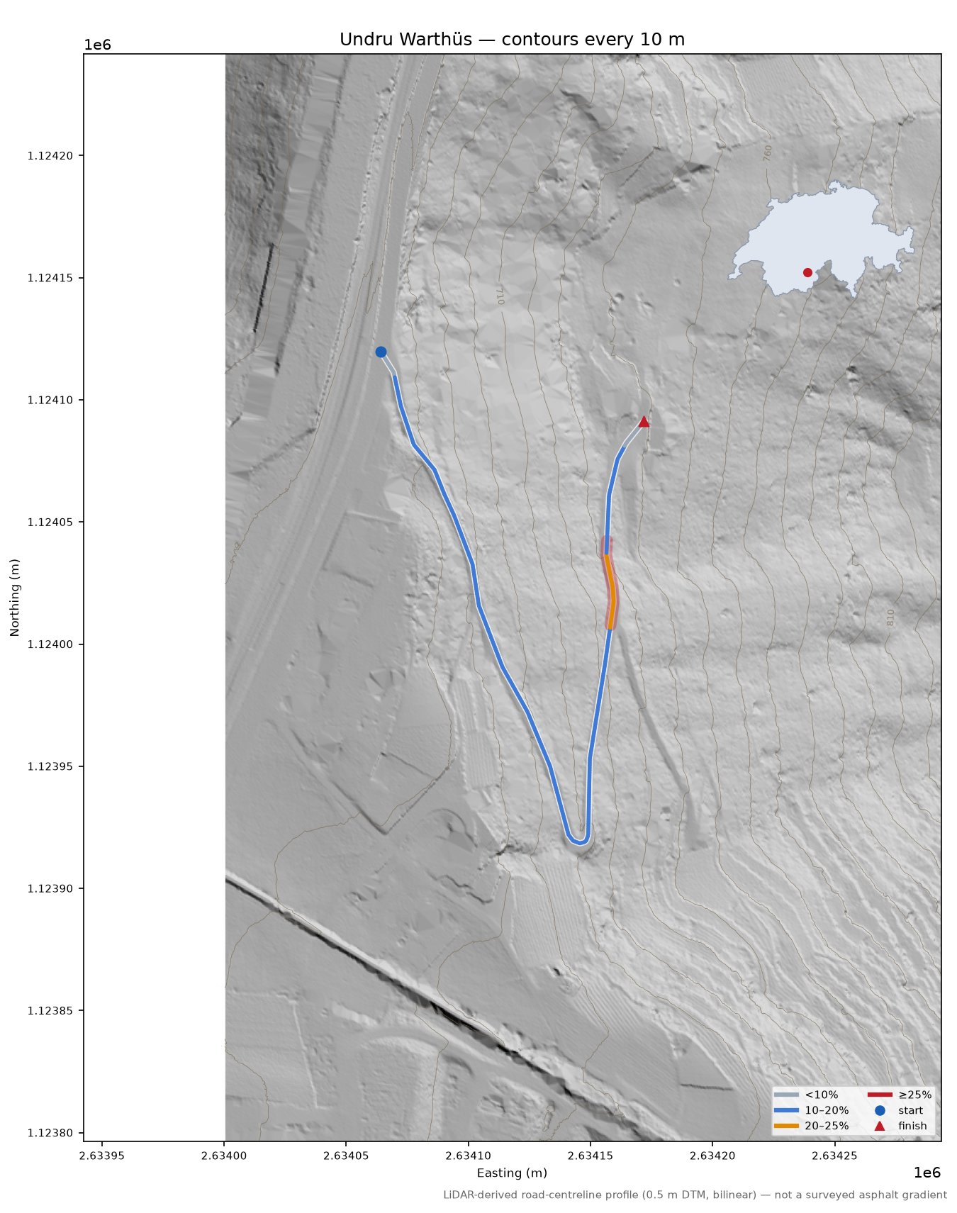 Undru Warthüs LiDAR hillshade map with contours