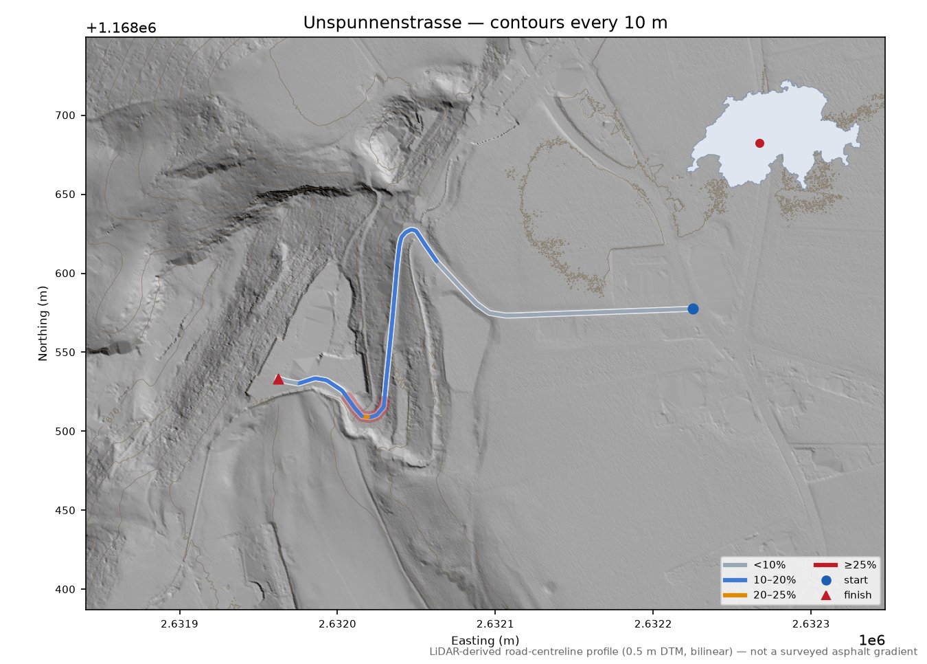 Unspunnenstrasse LiDAR hillshade map with contours