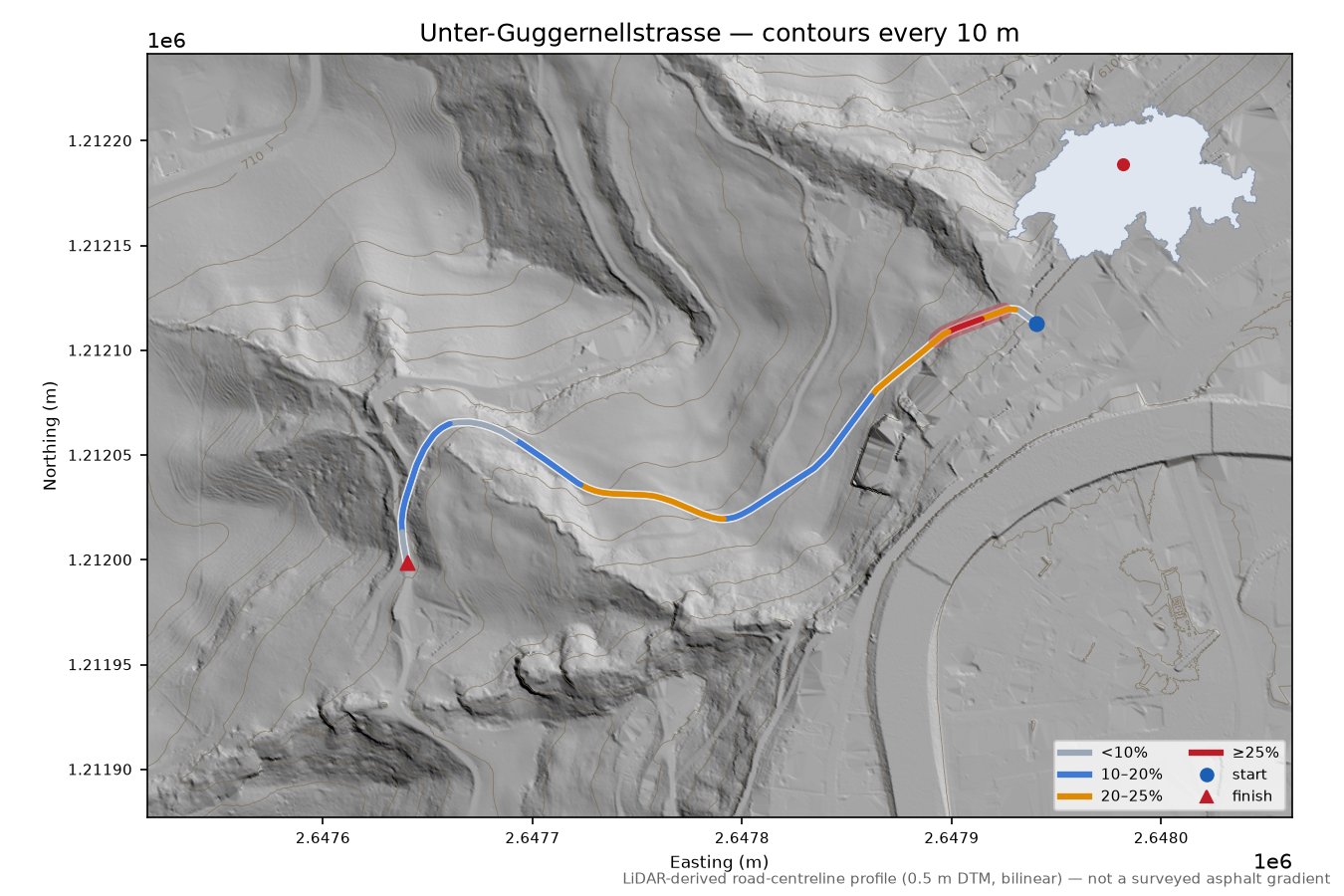 Unter-Guggernellstrasse LiDAR hillshade map with contours