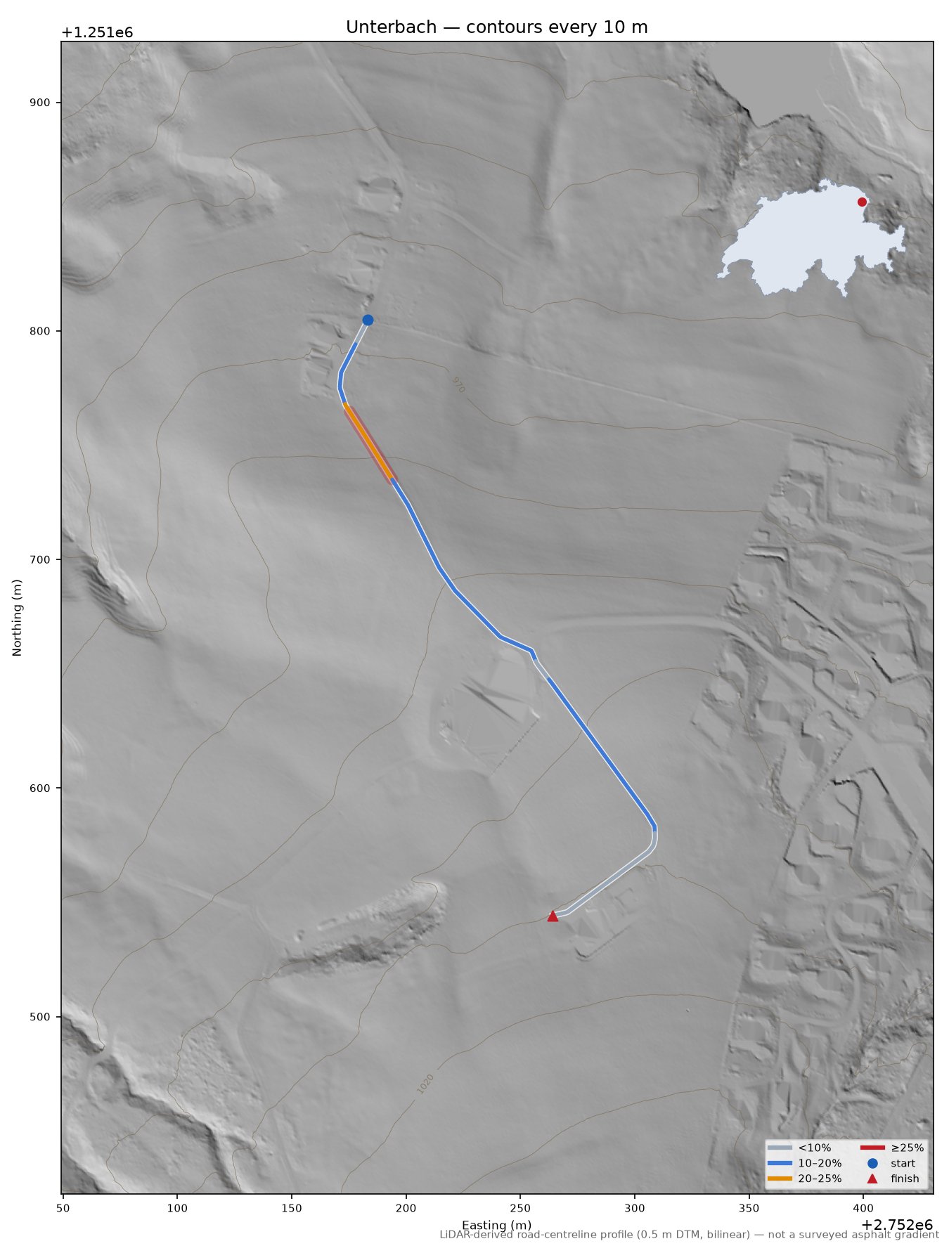 Unterbach LiDAR hillshade map with contours