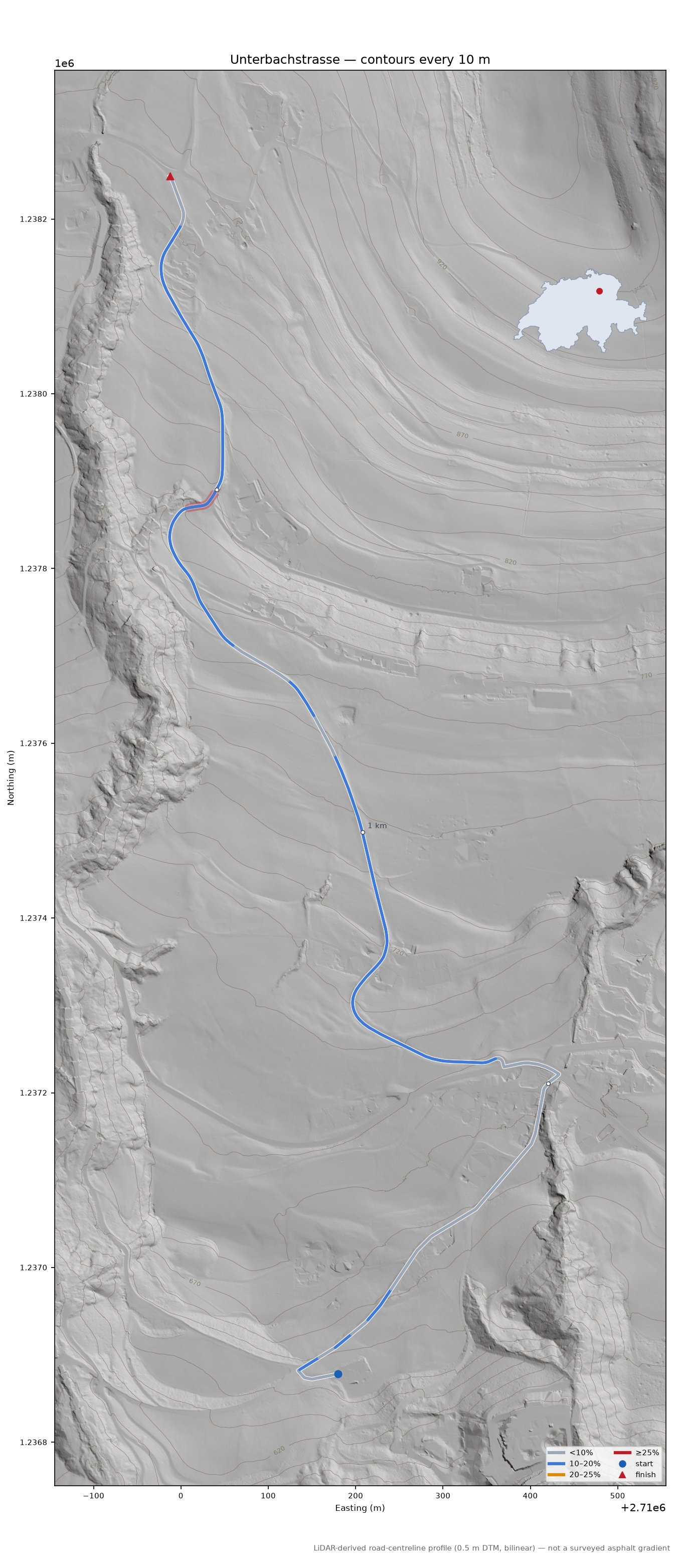 Unterbachstrasse LiDAR hillshade map with contours