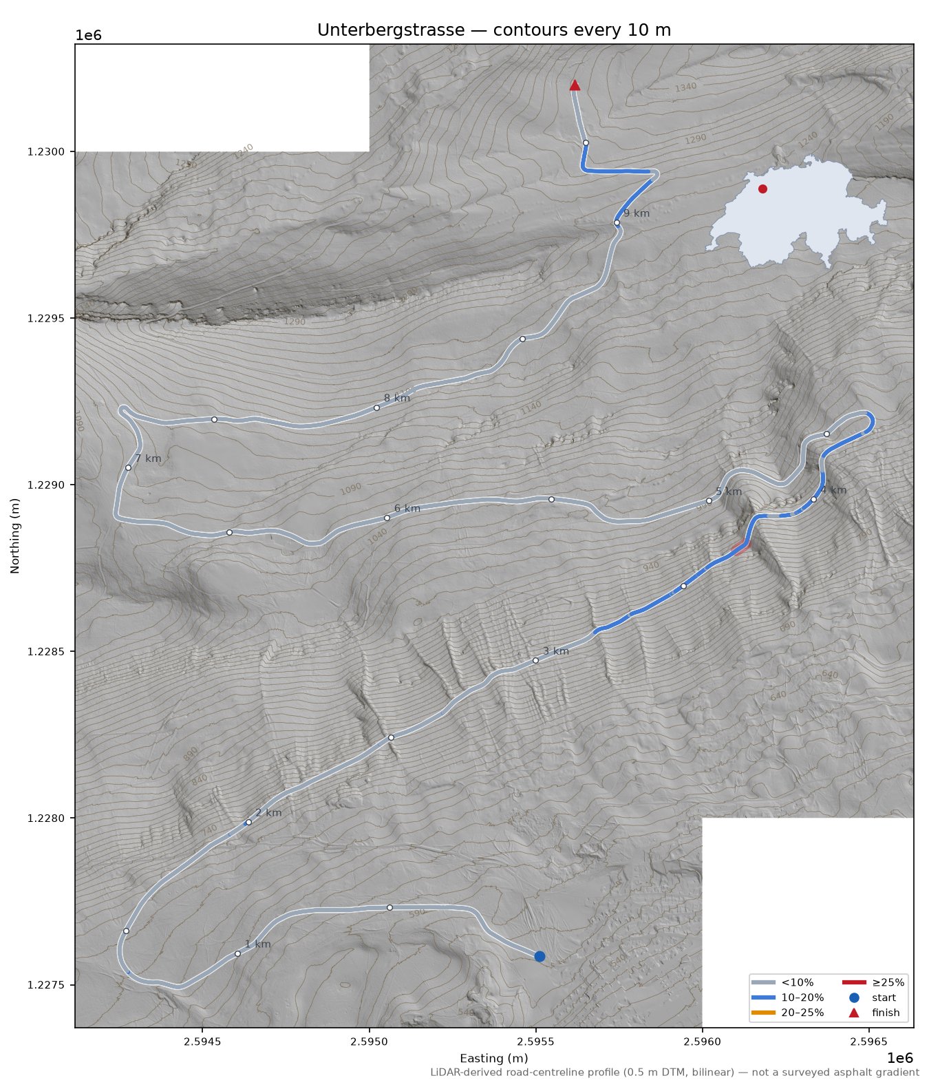 Unterbergstrasse LiDAR hillshade map with contours