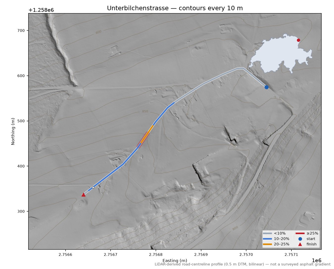 Unterbilchenstrasse LiDAR hillshade map with contours