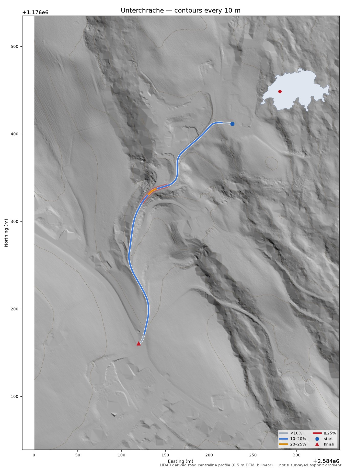 Unterchrache LiDAR hillshade map with contours