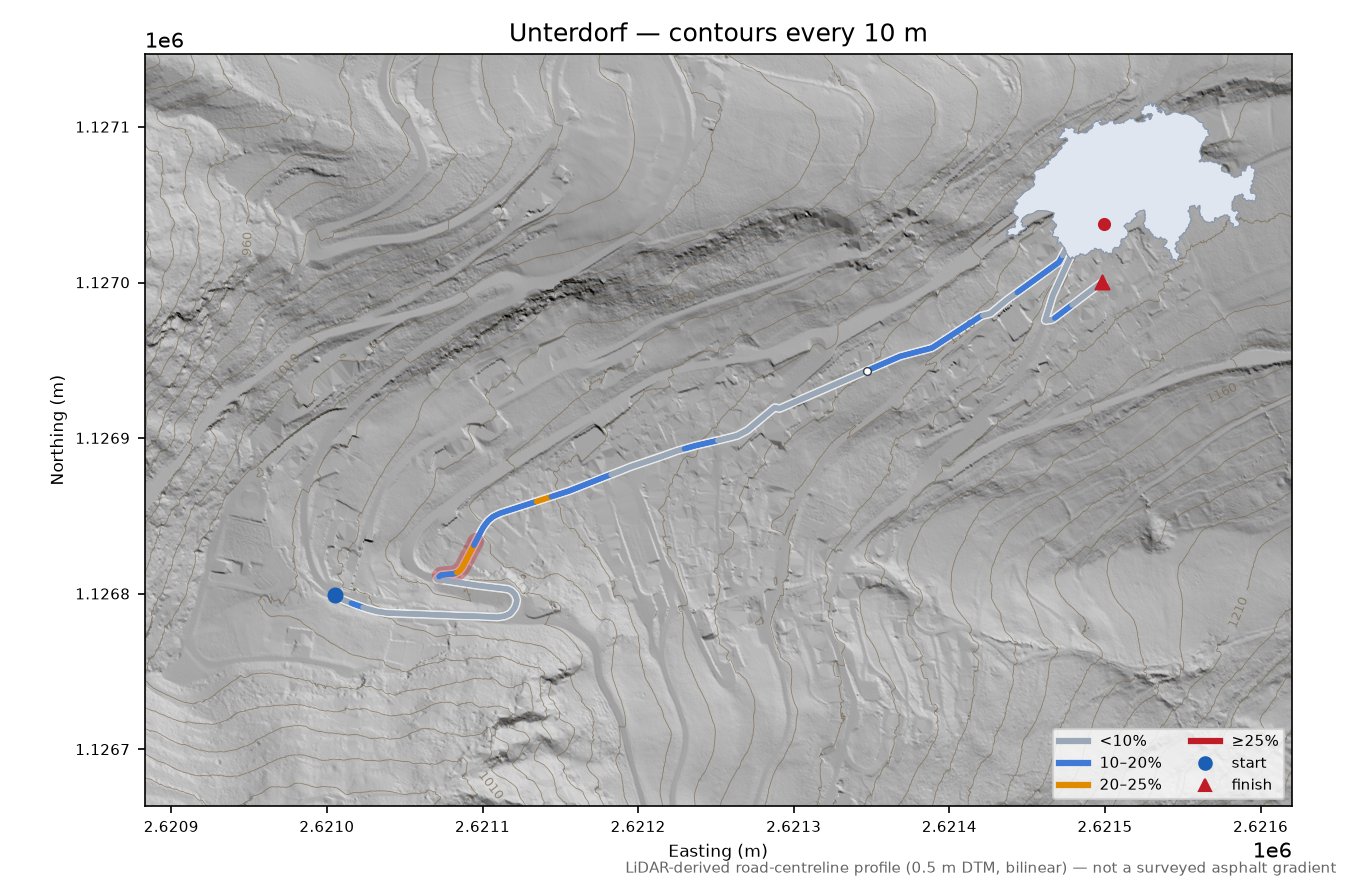 Unterdorf LiDAR hillshade map with contours