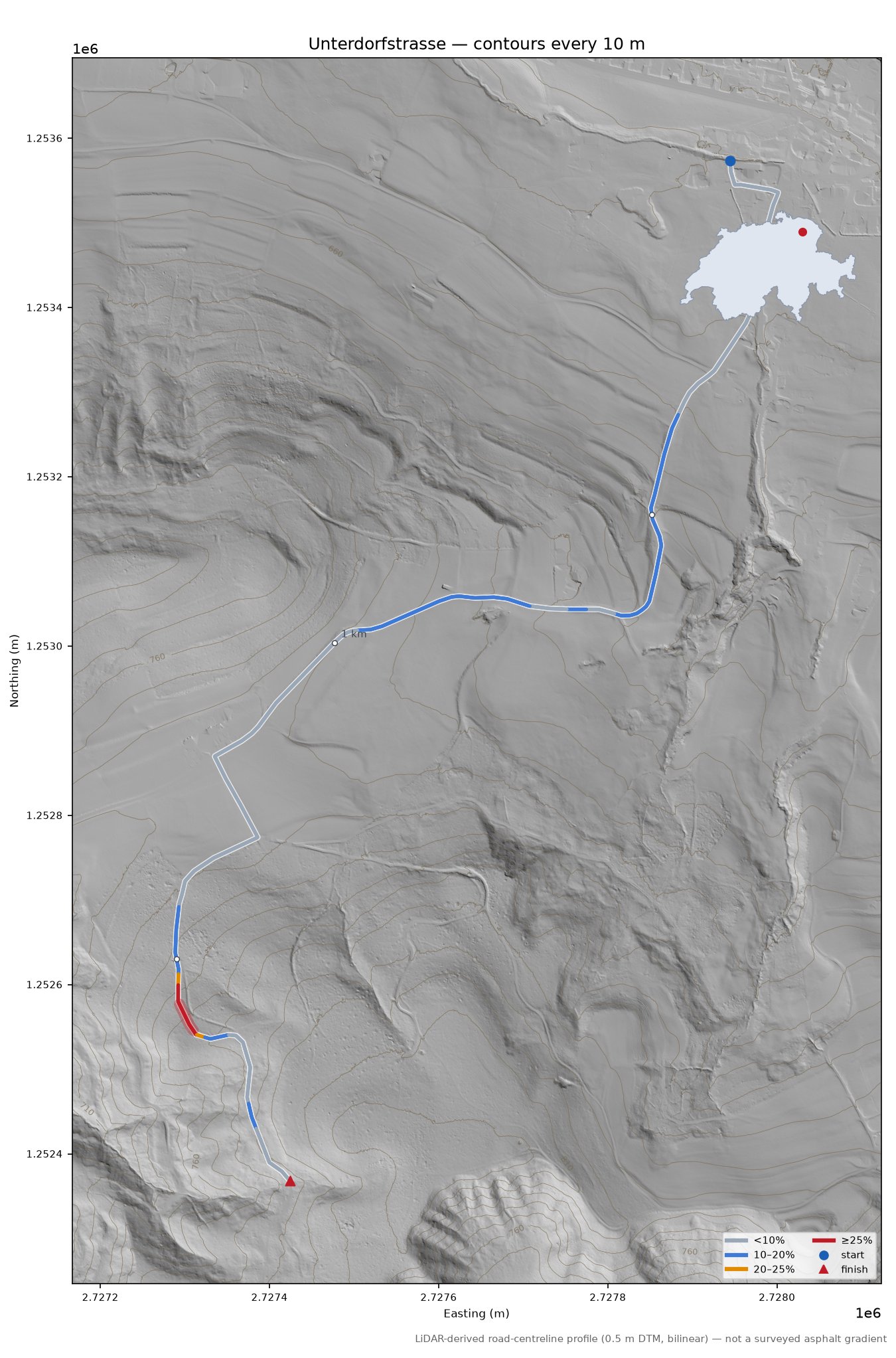 Unterdorfstrasse LiDAR hillshade map with contours