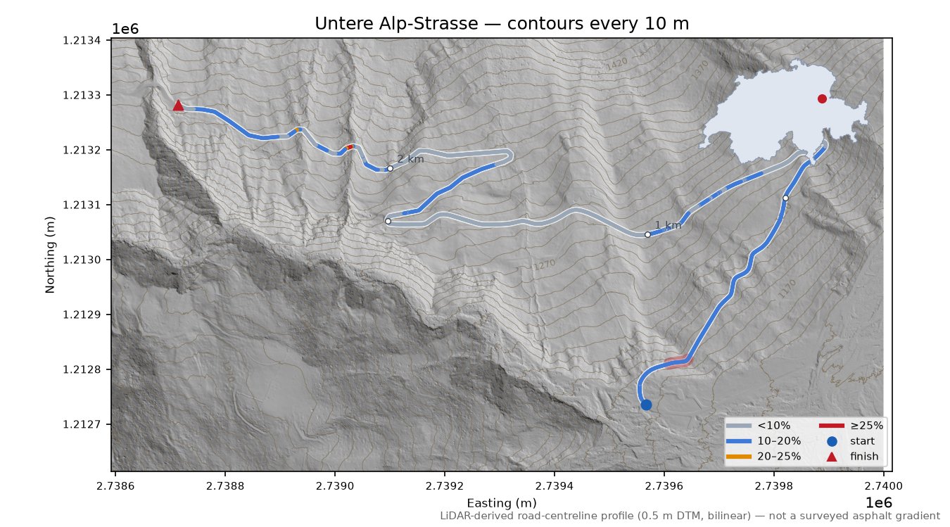 Untere Alp-Strasse LiDAR hillshade map with contours