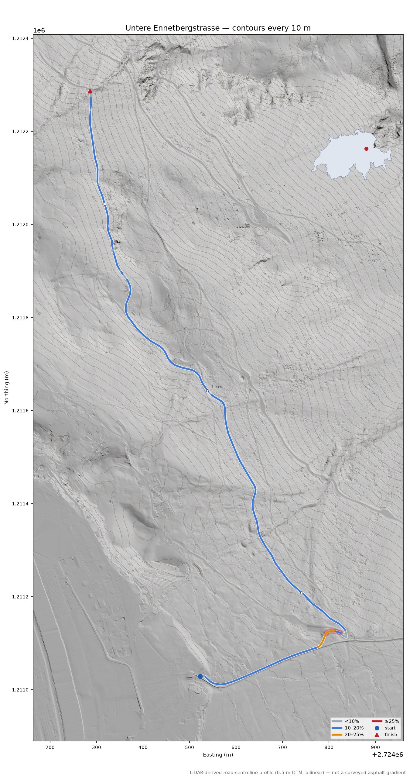 Untere Ennetbergstrasse LiDAR hillshade map with contours
