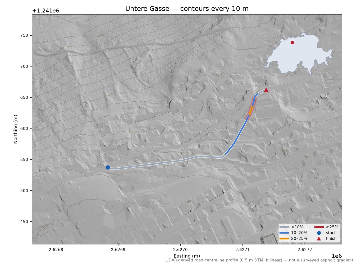 Untere Gasse LiDAR hillshade map with contours