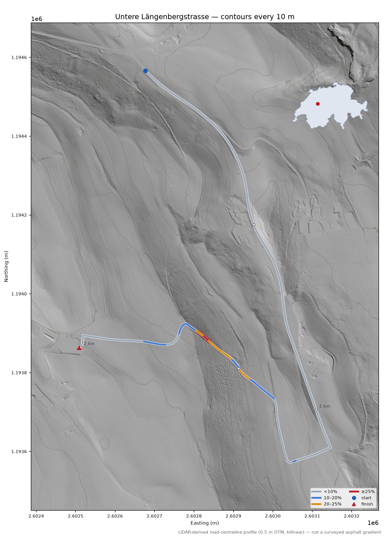 Untere Längenbergstrasse LiDAR hillshade map with contours