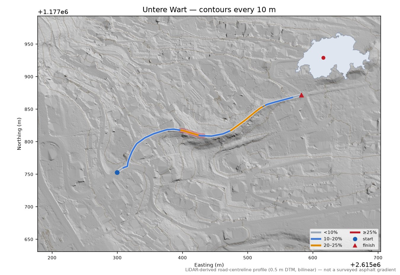 Untere Wart LiDAR hillshade map with contours