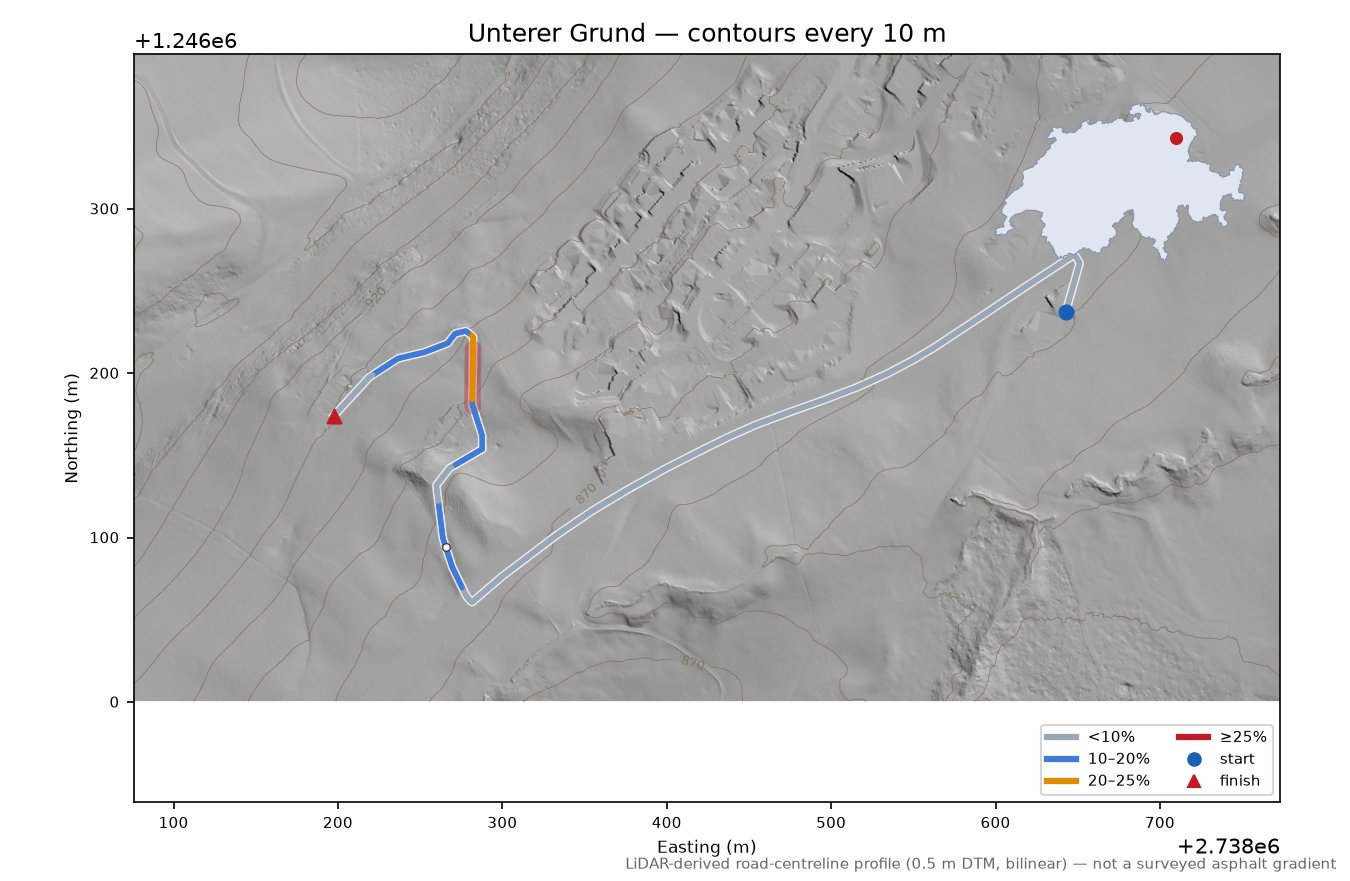 Unterer Grund LiDAR hillshade map with contours
