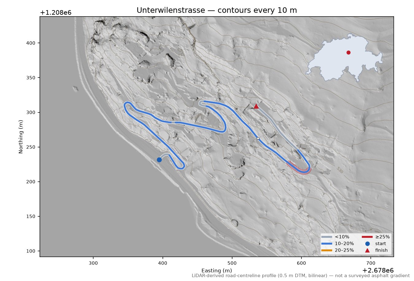 Unterwilenstrasse LiDAR hillshade map with contours