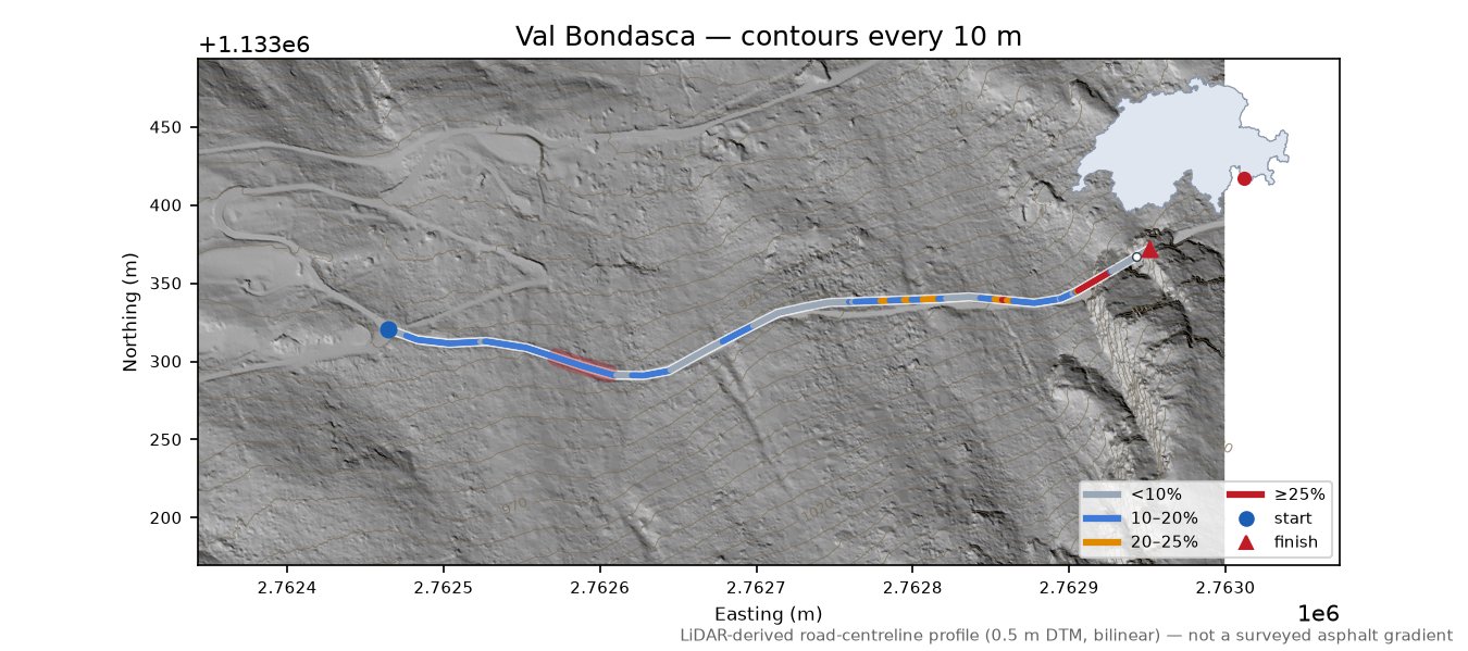 Val Bondasca LiDAR hillshade map with contours