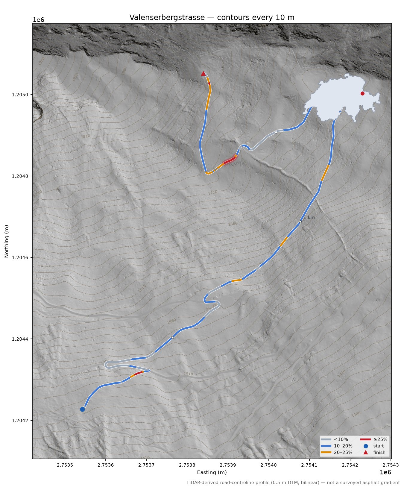 Valenserbergstrasse LiDAR hillshade map with contours