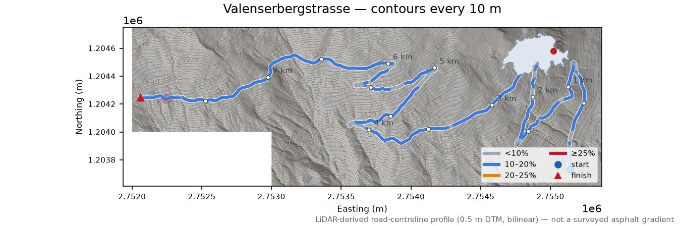Valenserbergstrasse LiDAR hillshade map with contours