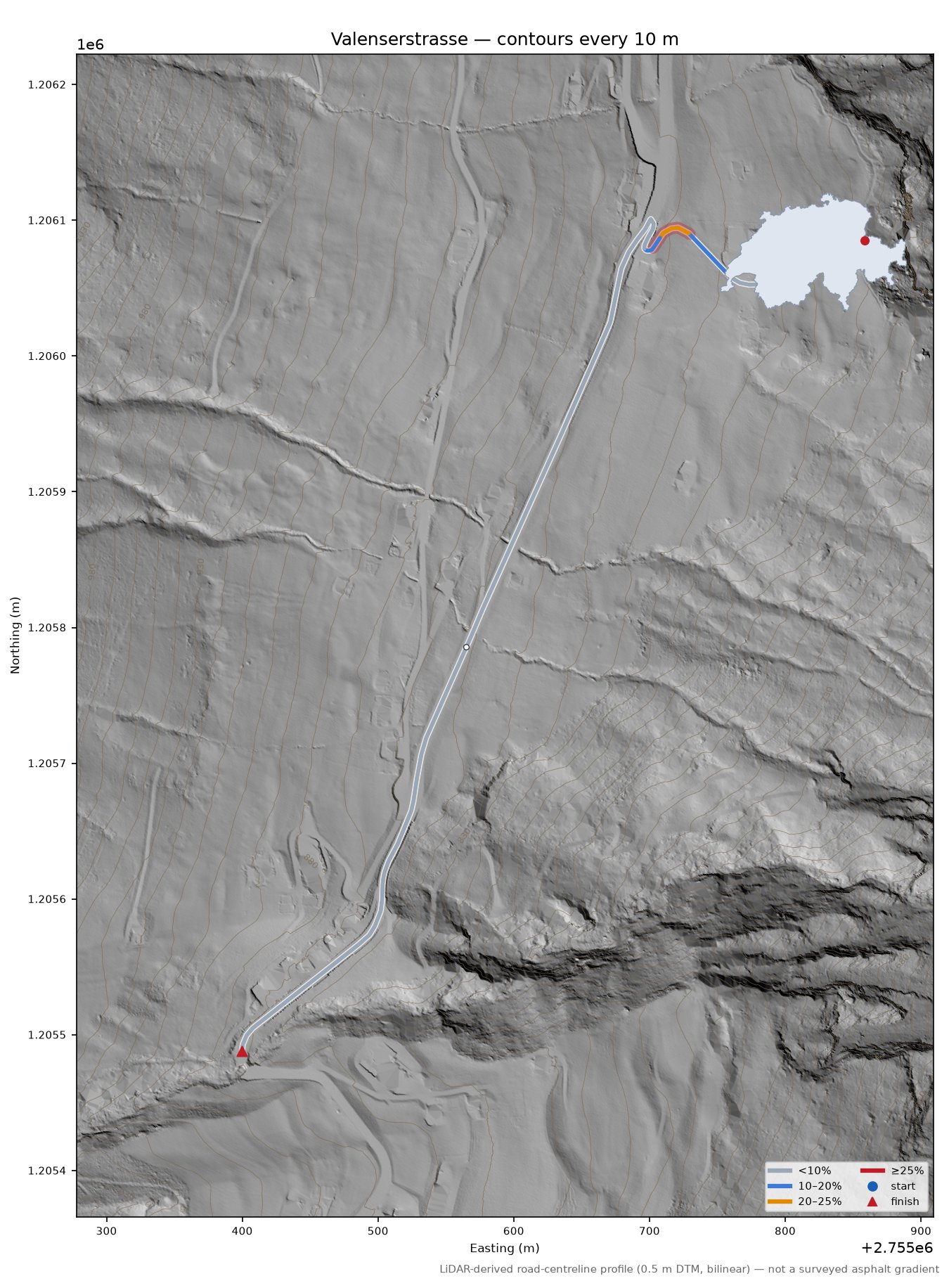 Valenserstrasse LiDAR hillshade map with contours