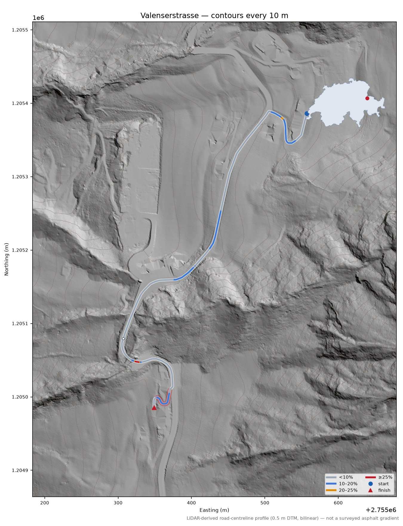 Valenserstrasse LiDAR hillshade map with contours