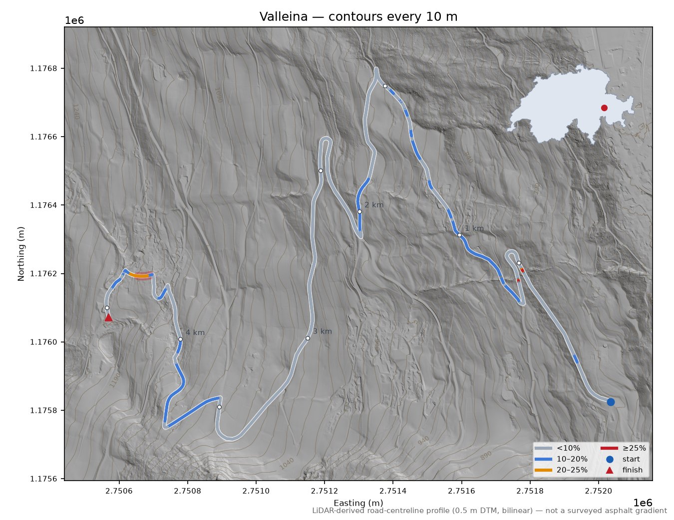 Valleina LiDAR hillshade map with contours