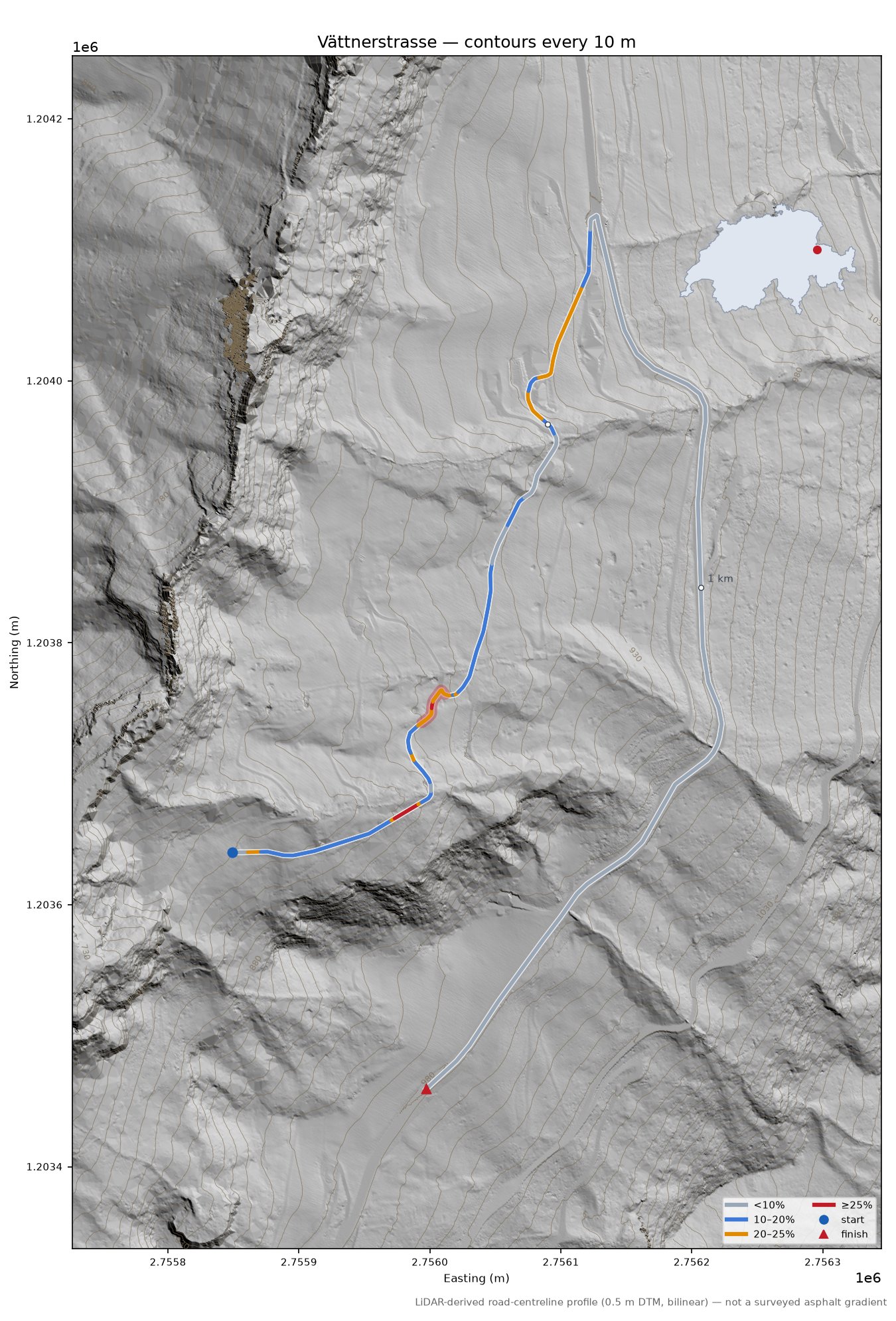 Vättnerstrasse LiDAR hillshade map with contours