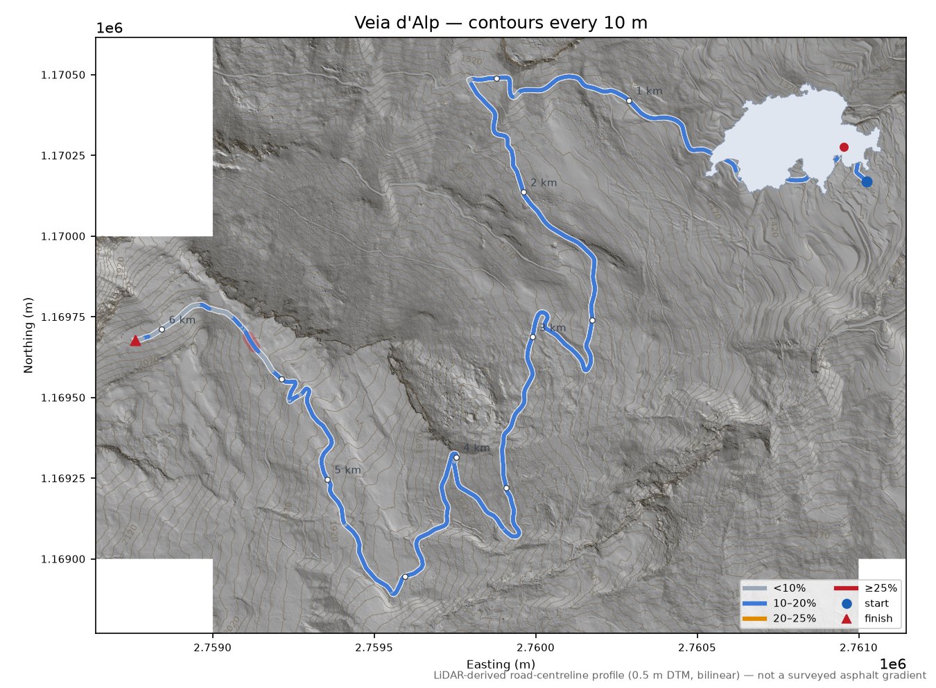 Veia d'Alp LiDAR hillshade map with contours