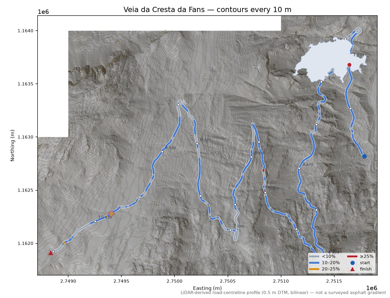 Veia da Cresta da Fans LiDAR hillshade map with contours