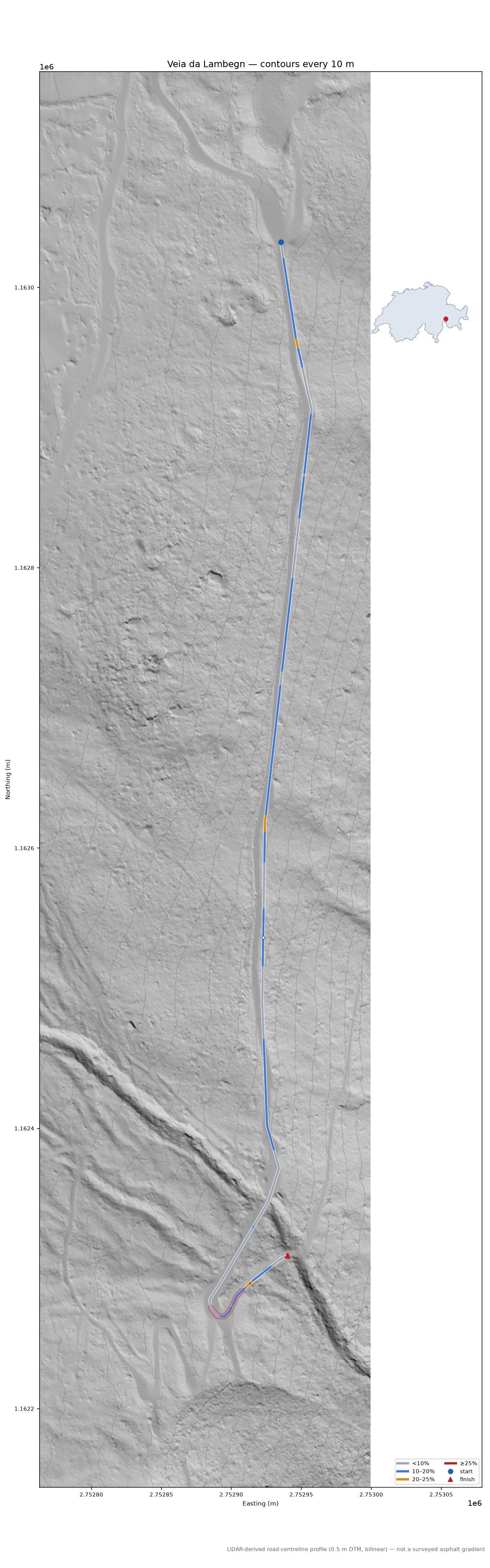 Veia da Lambegn LiDAR hillshade map with contours