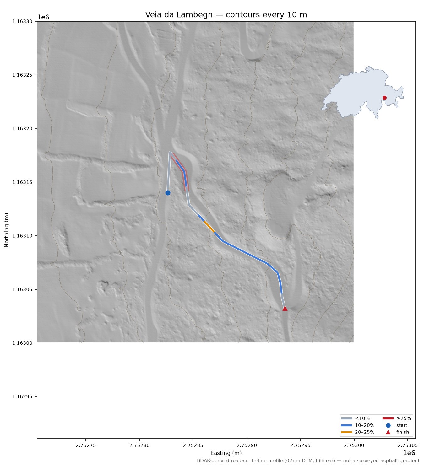 Veia da Lambegn LiDAR hillshade map with contours