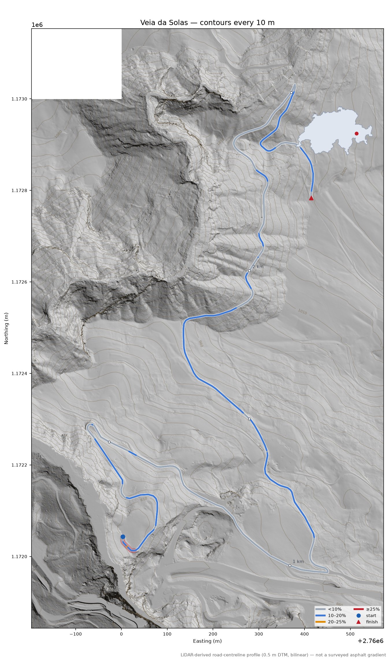 Veia da Solas LiDAR hillshade map with contours