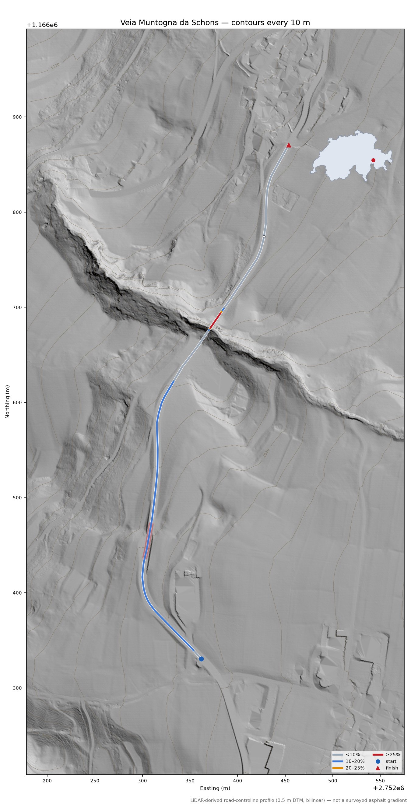 Veia Muntogna da Schons LiDAR hillshade map with contours