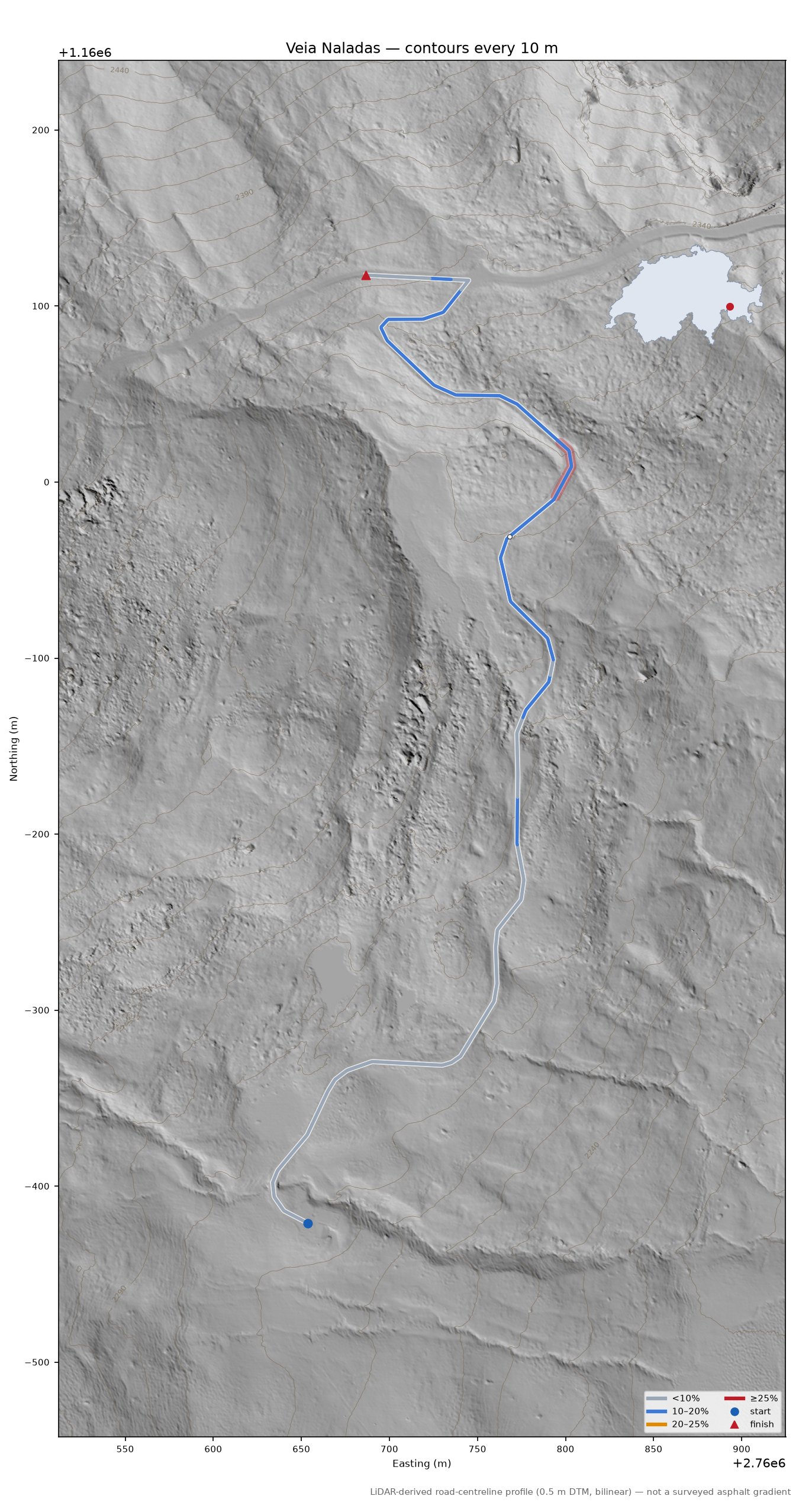 Veia Naladas LiDAR hillshade map with contours