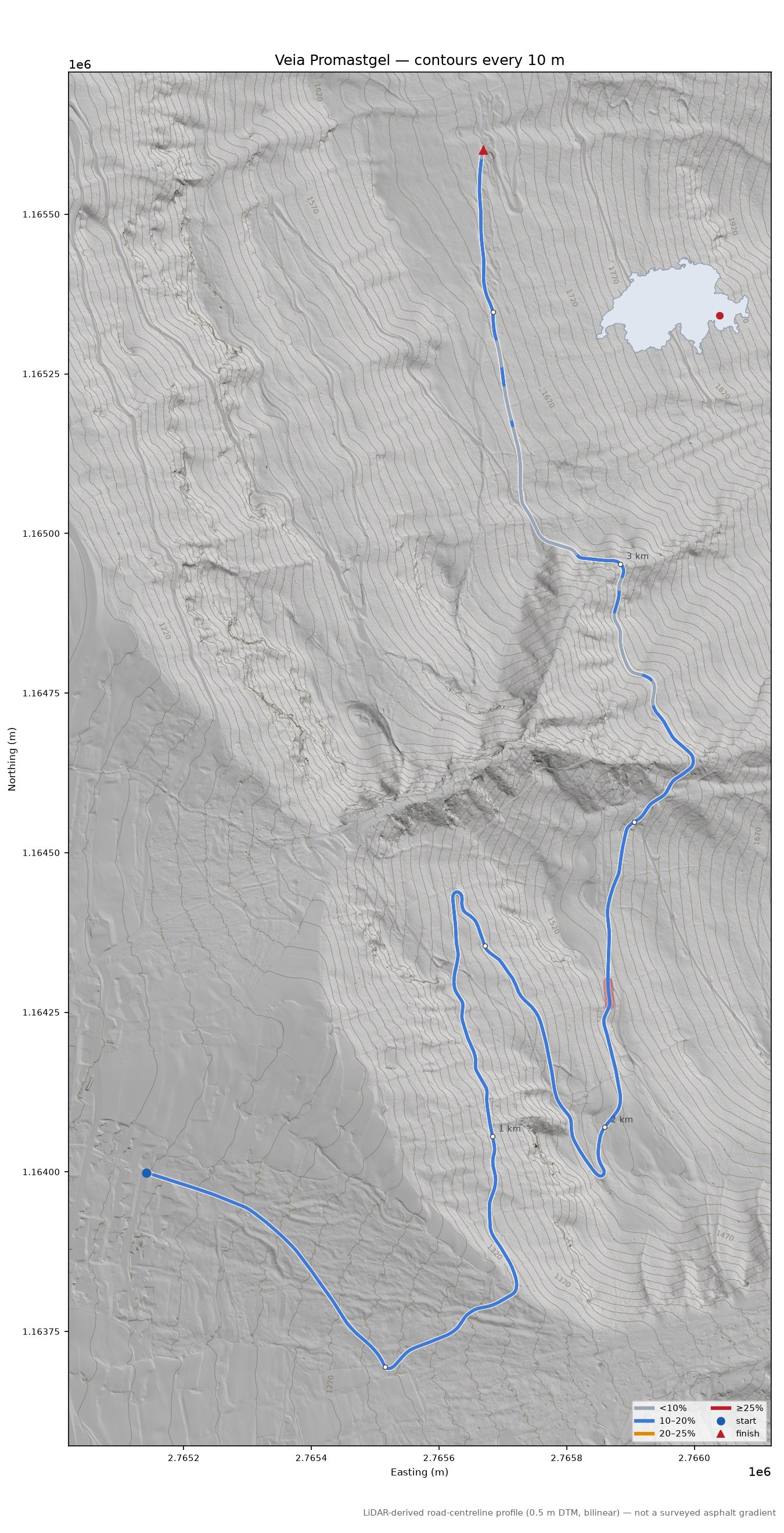 Veia Promastgel LiDAR hillshade map with contours