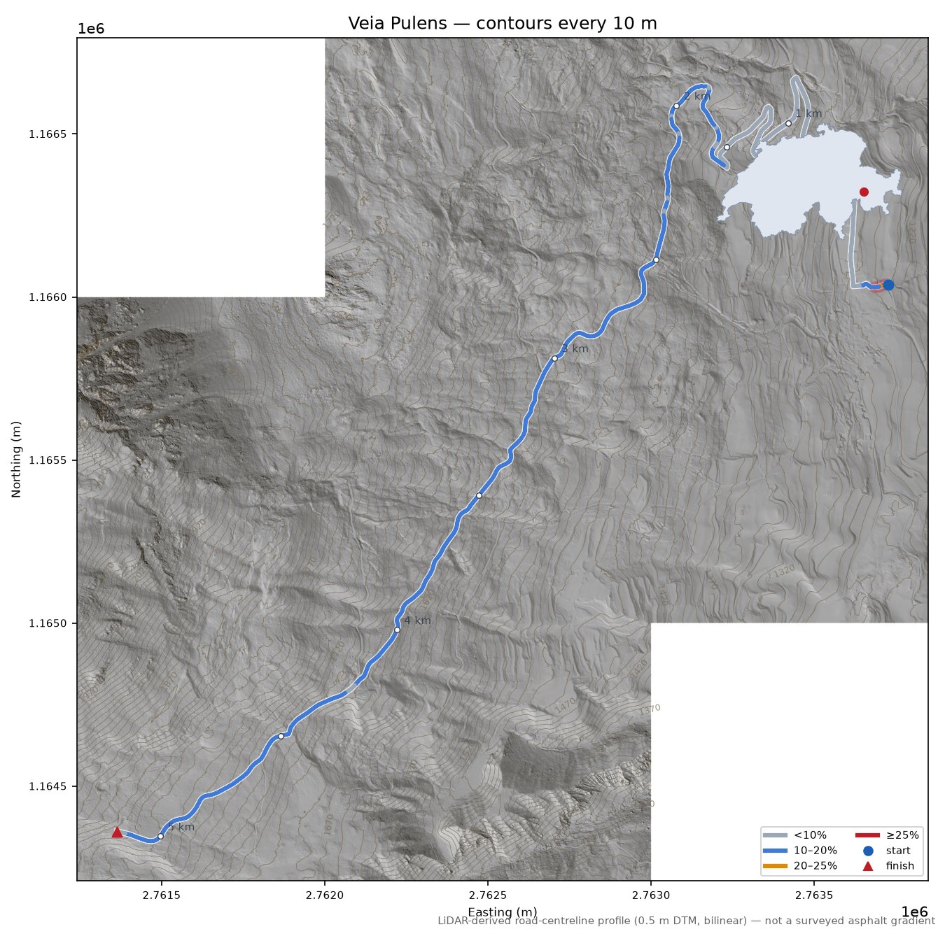 Veia Pulens LiDAR hillshade map with contours