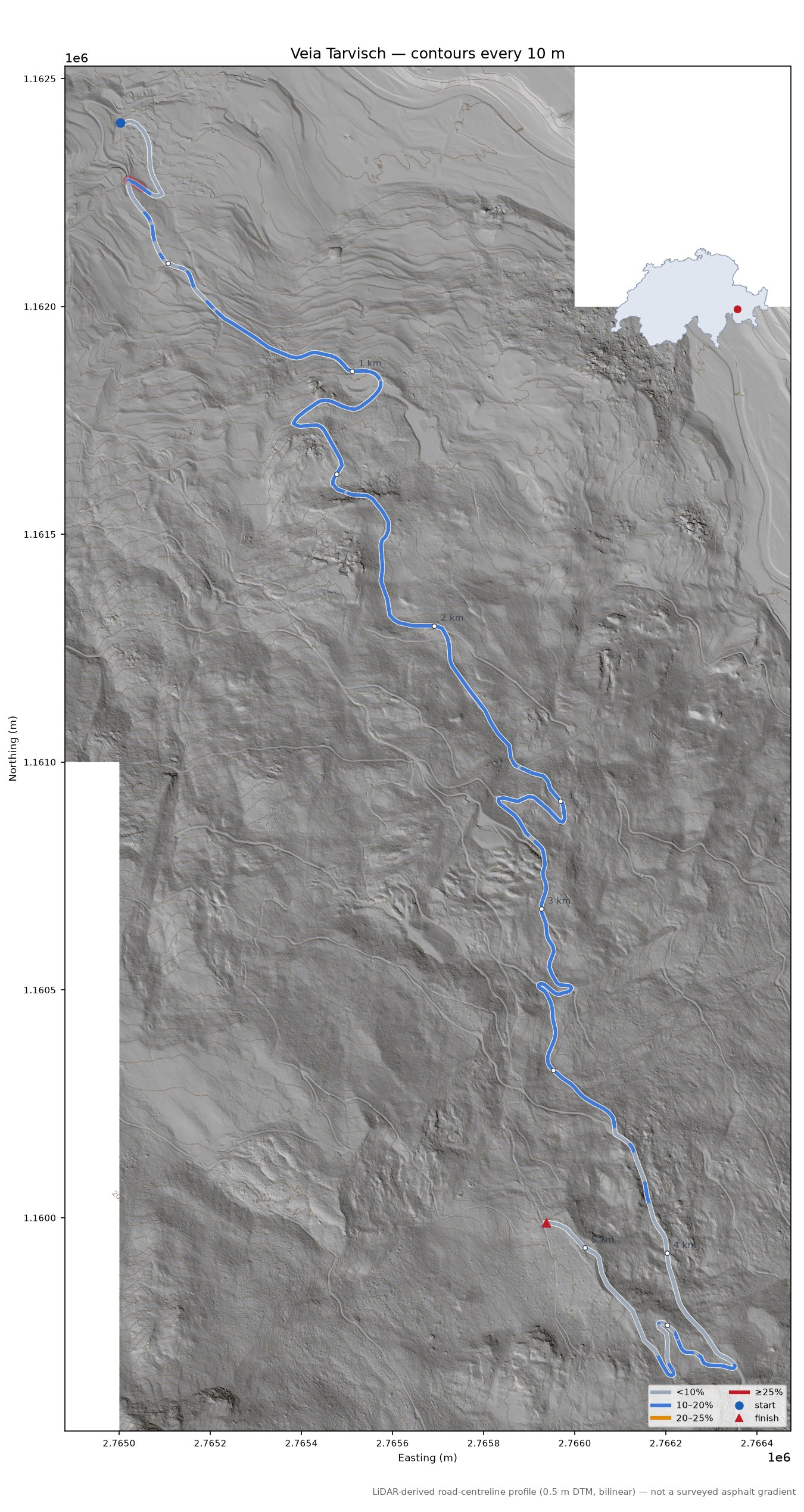 Veia Tarvisch LiDAR hillshade map with contours