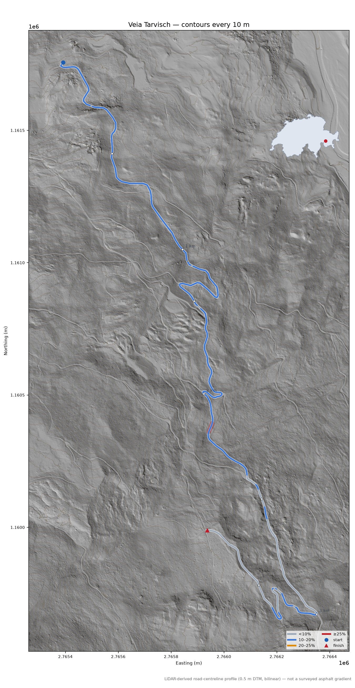Veia Tarvisch LiDAR hillshade map with contours