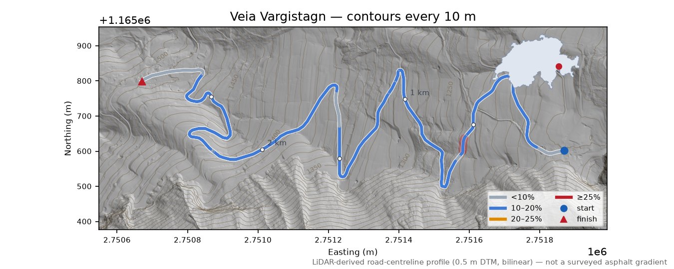 Veia Vargistagn LiDAR hillshade map with contours