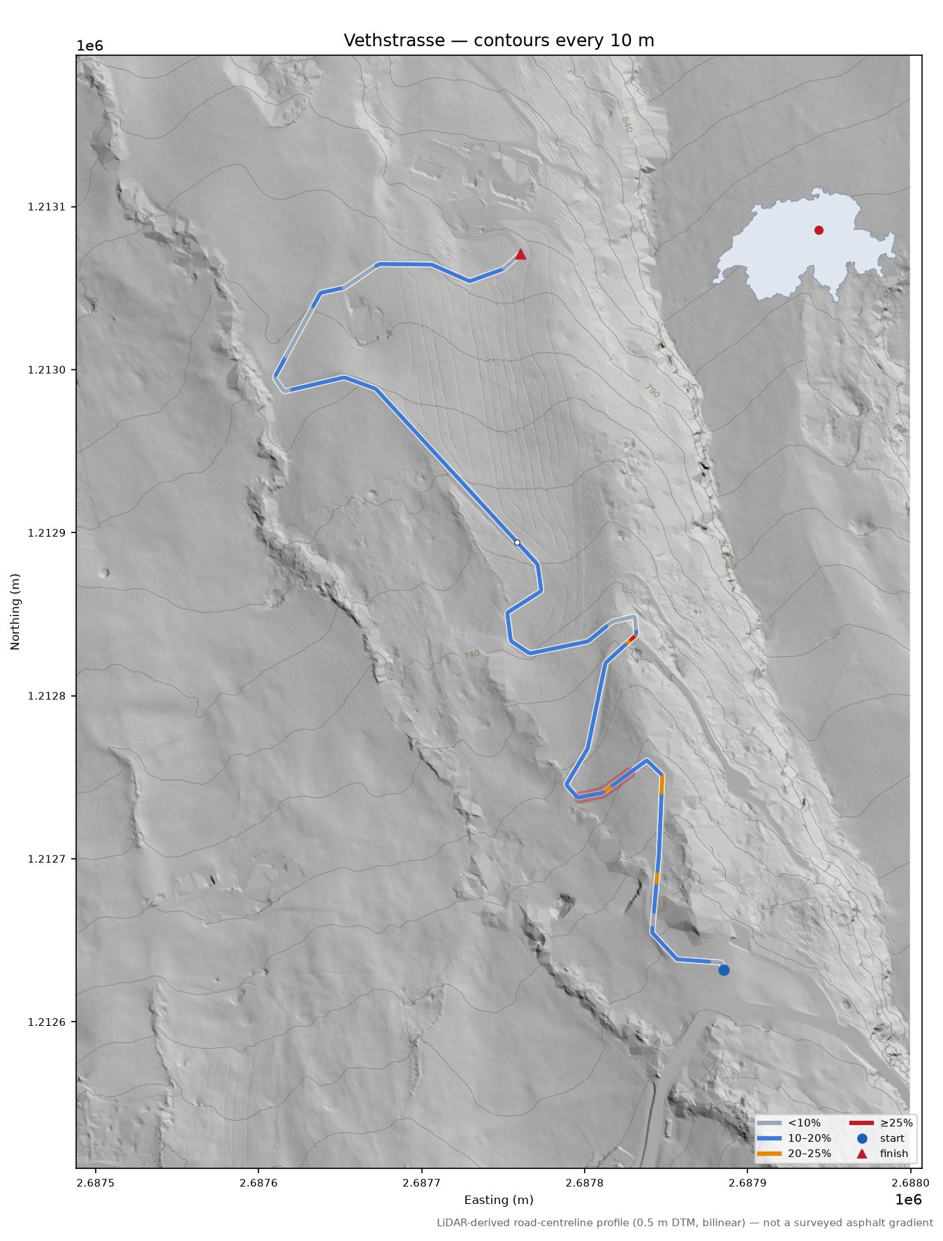 Vethstrasse LiDAR hillshade map with contours